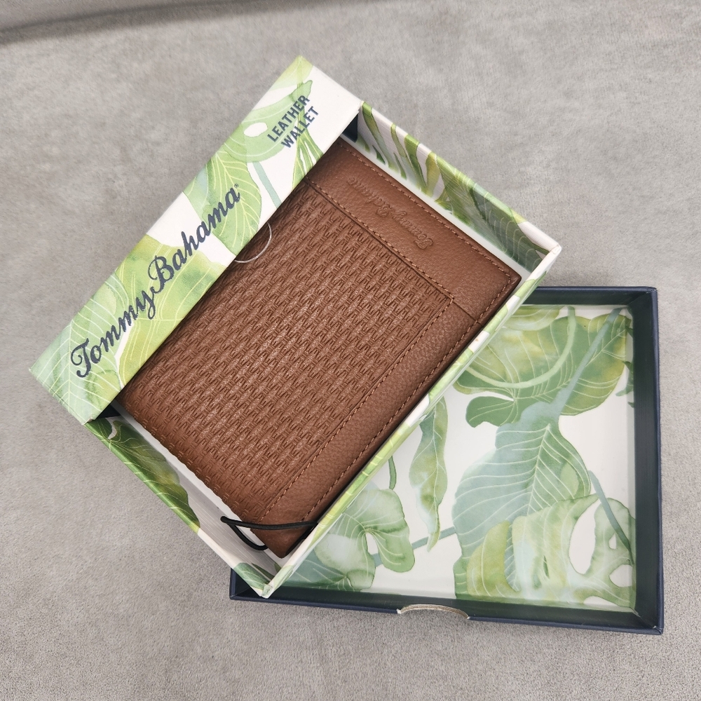Tommy Bahama Wallet Men's Tan Leather Woven Embossed Bifold Box Gift New $75